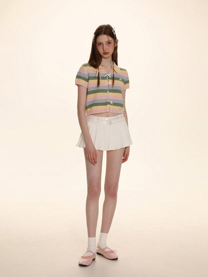 Striped Color Block Ribbon Bow Knit Polo Shirt