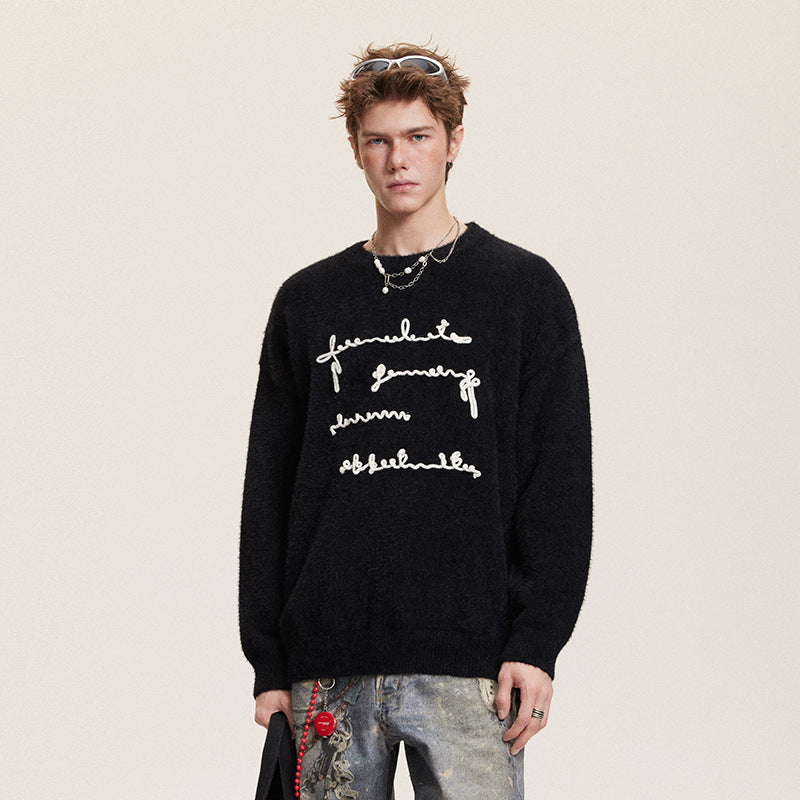 Raised Letter Knit Print Crewneck Sweater