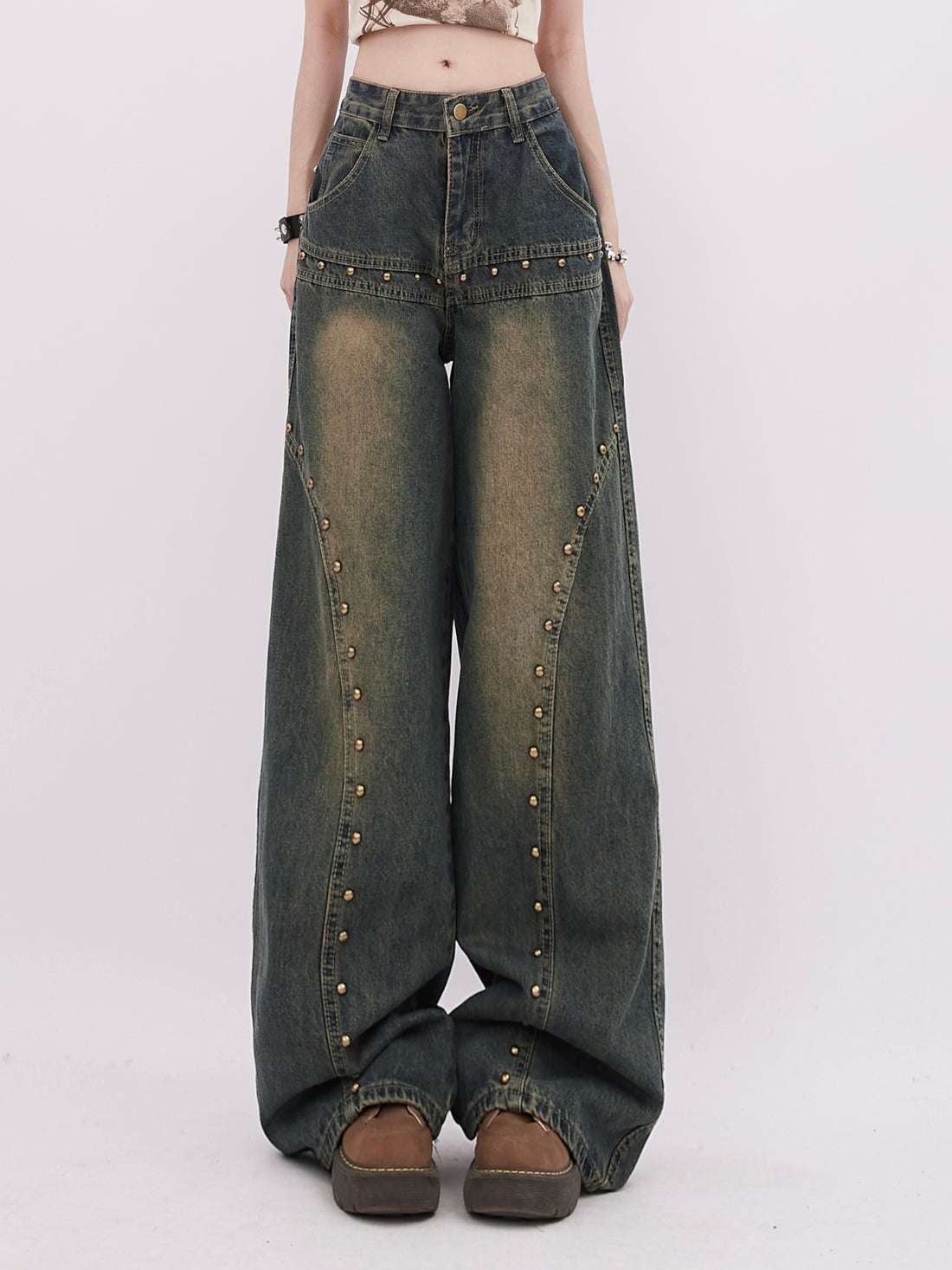 Retro Rivet-Embellished Wide-Leg Denim