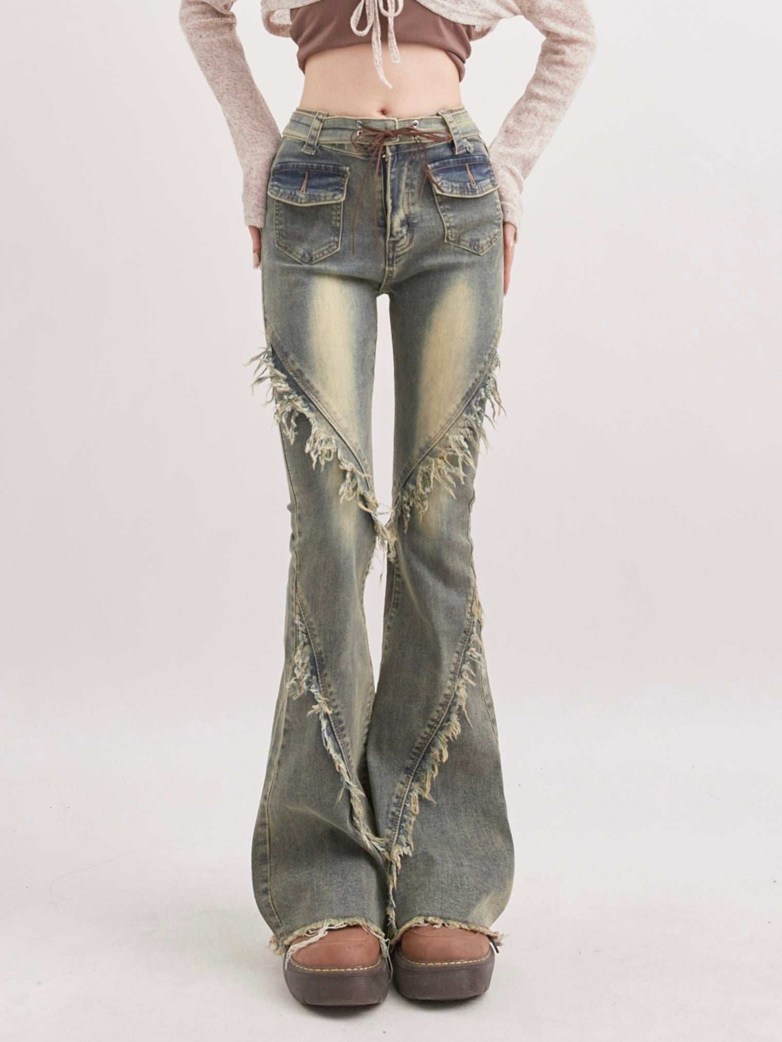 Vintage Gradient Lace-Up Frayed Denim