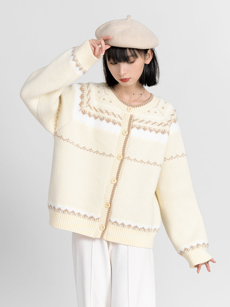 Butter Yellow Fair Isle Pattern Knit Cardigan