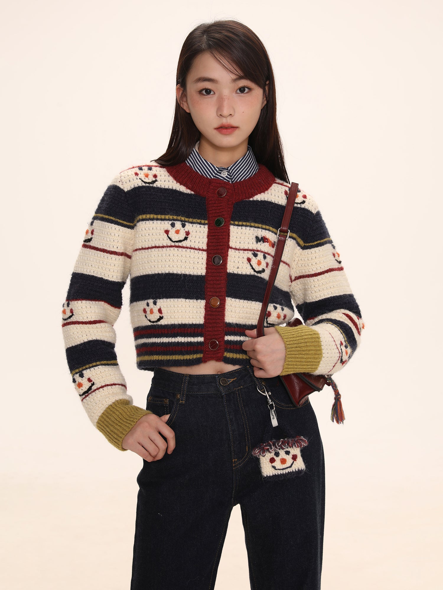 Hand-Embroidered Snowman Short Cardigan