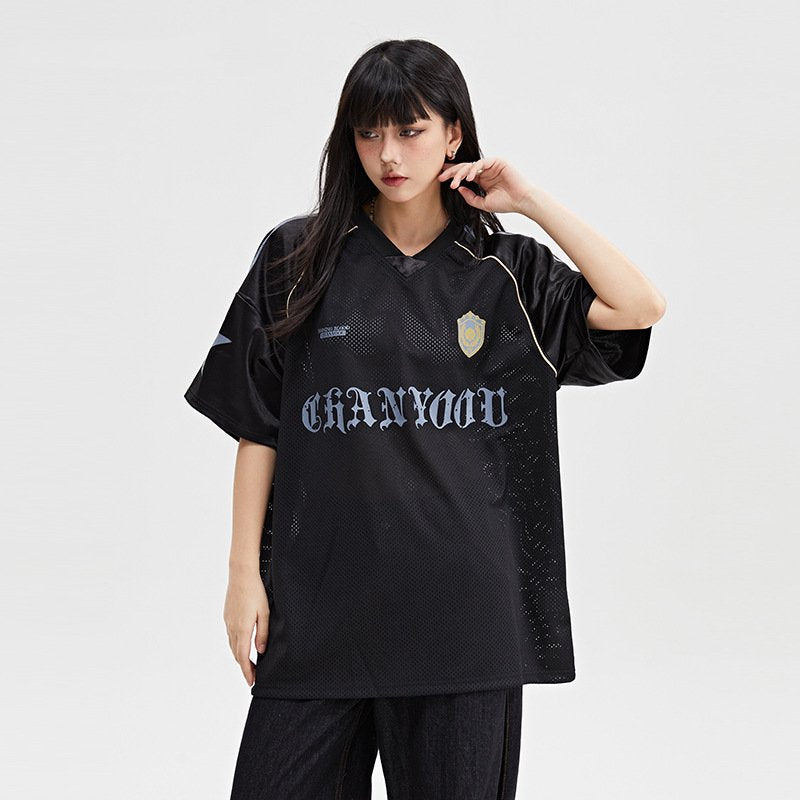 Mesh Breathable Letter Print Blockette Style Jersey Tee