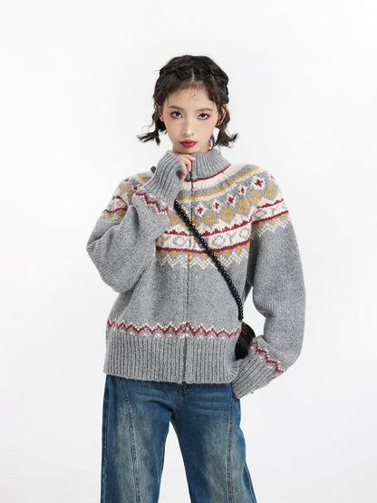 Gray Fair Isle Zip-Up Knit Sweater