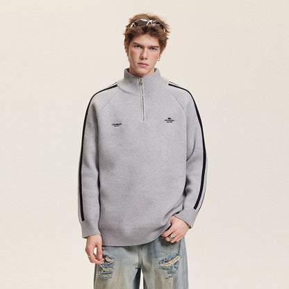 Three-Stripe Sleeve Stand Collar Half-Zip Knit Sweater