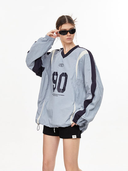 Letter Print Colorblock V-Neck Drawstring Sweatshirt