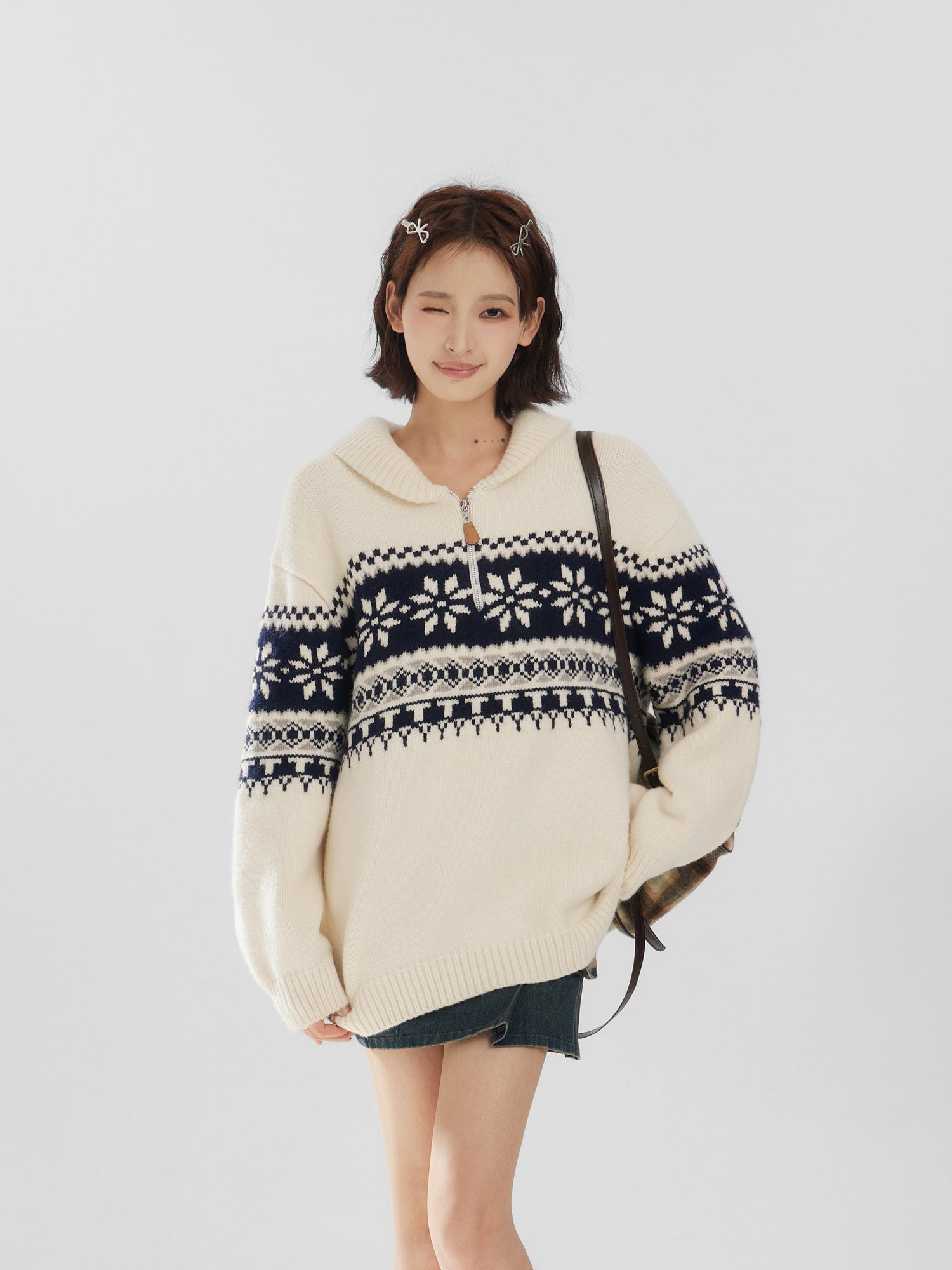 Fair Isle Half-Zip Funnel Neck Knit Sweater