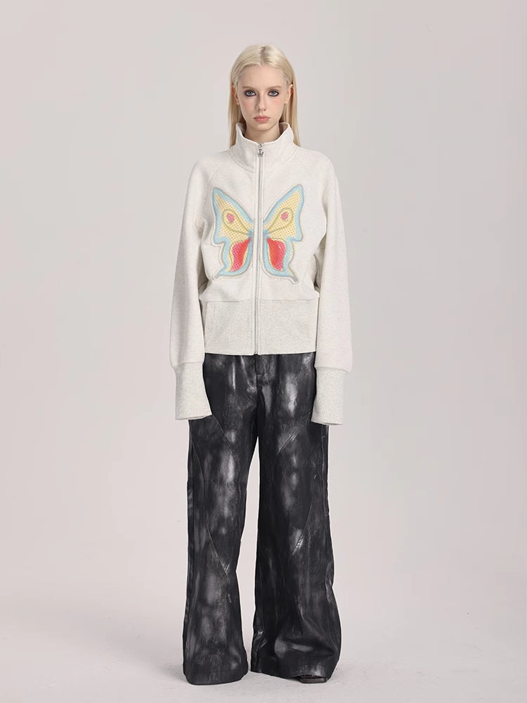 Butterfly Applique Turtleneck Zip-Up Cardigan