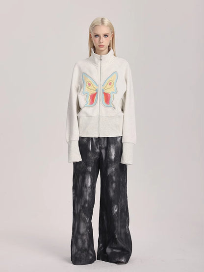 Butterfly Applique Turtleneck Zip-Up Cardigan