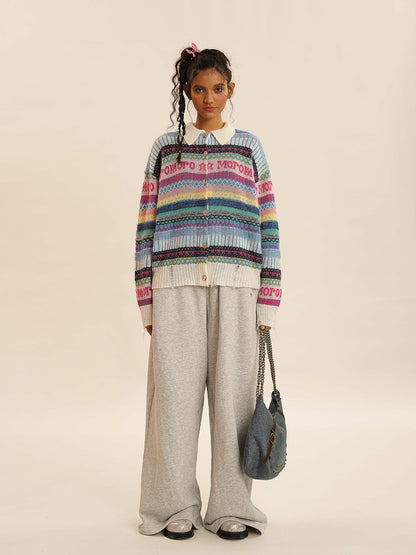 Polo Neck Colorful Stripe Fair Isle Knit Cardigan