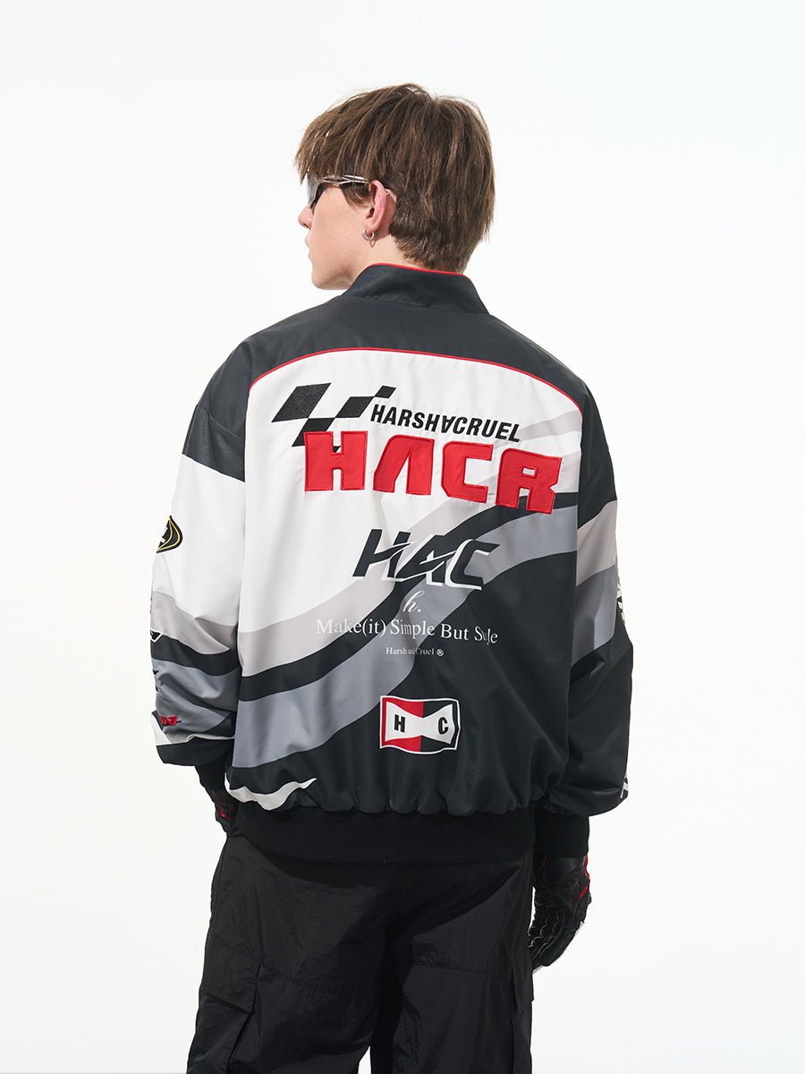 Letter Embroidered Color-Blocked Moto Racing Jacket