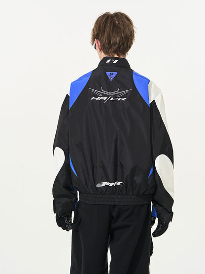 Embroidered Color-Blocked Stand Collar Racing Jacket