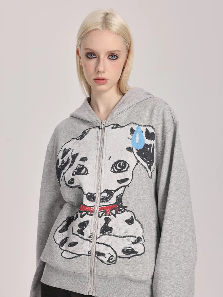 Hand-Drawn Spotted Dog Print Zip-Up Hoodie