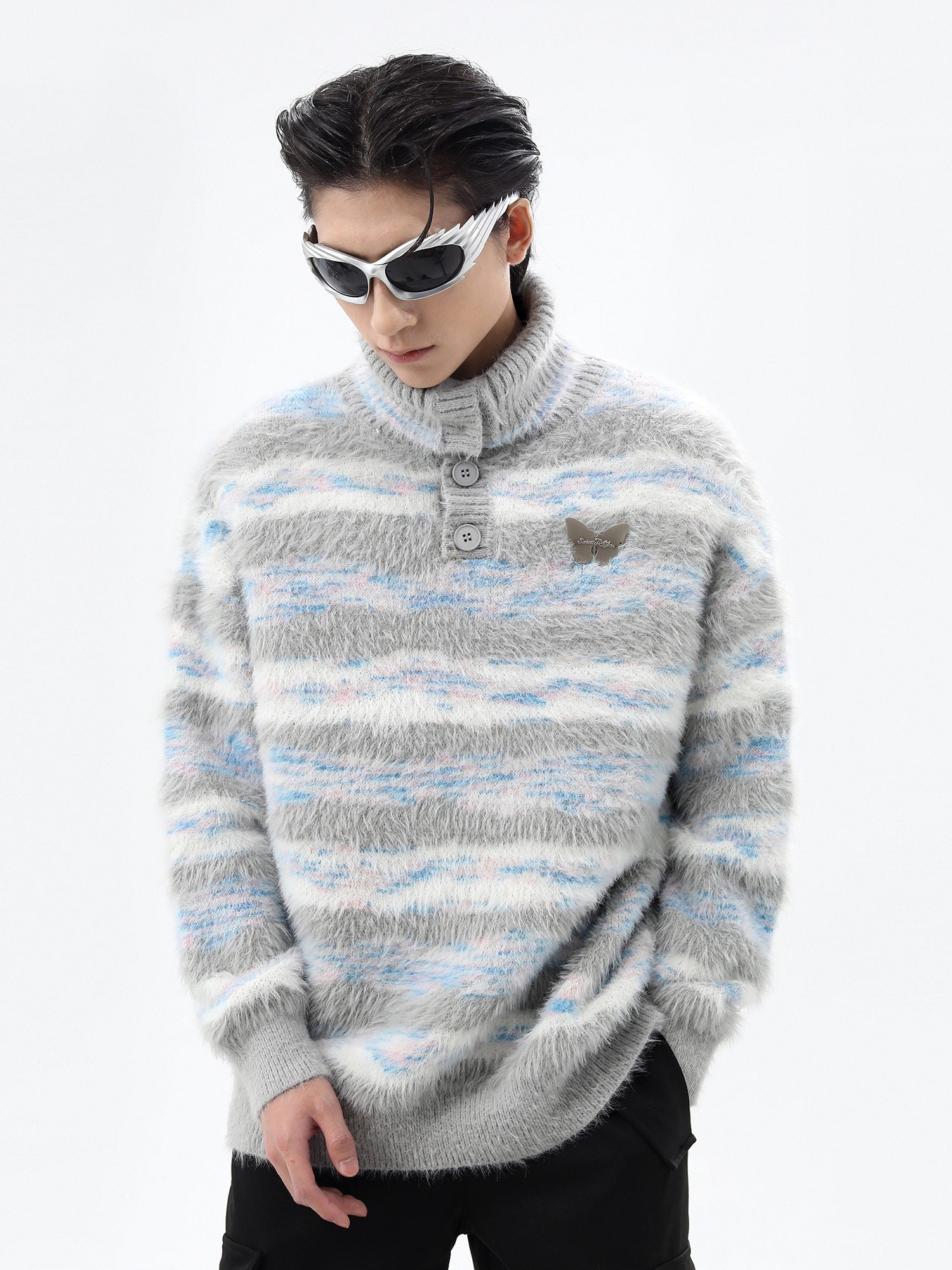 Faux Mink Loose Fit Striped Turtleneck Sweater