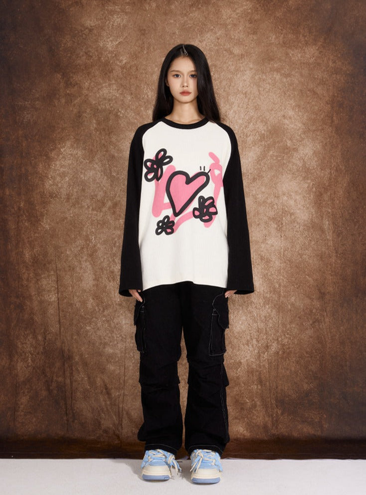 Love Heart Waffle Grid Sweatshirt