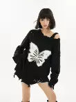 Black Off-Shoulder Butterfly Print Sweater