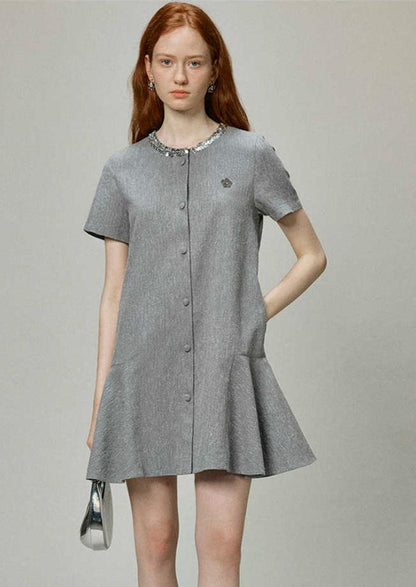 Linen Sequin Trim Tweed-Style Dress