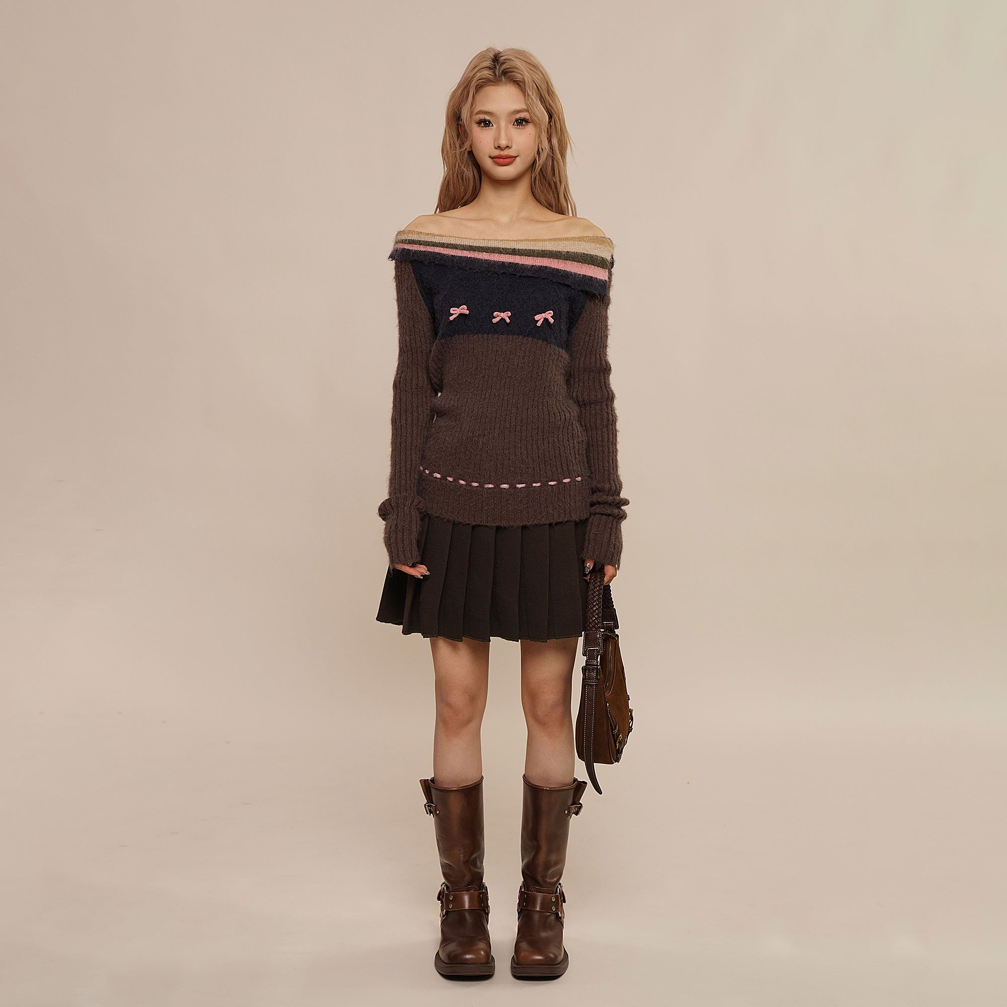 One-Shoulder Ruffle Exposed Shoulder Bow Sweater