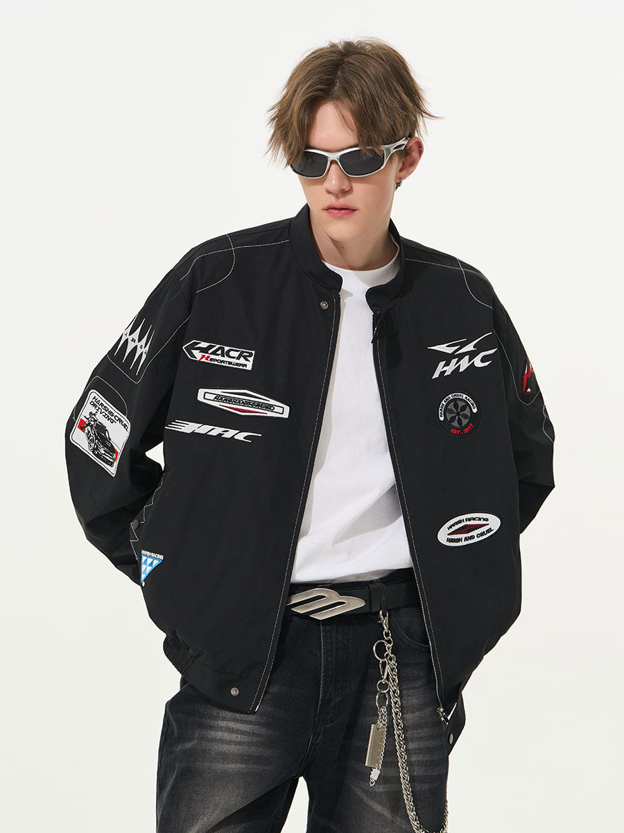 Vintage Racing Elements Embroidered Stand Collar Jacket