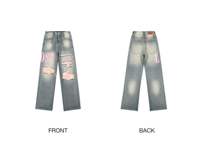 LOSTCTRL Pink Distressed Washed Denim