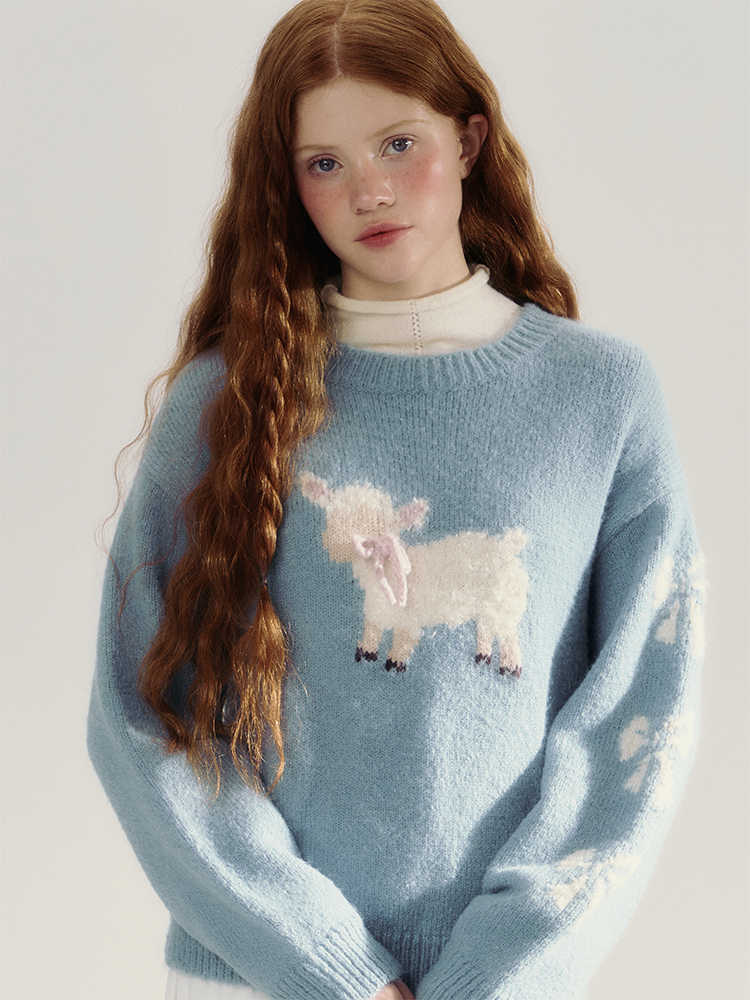 Retro Lamb Pattern Round Neck Knit Sweater