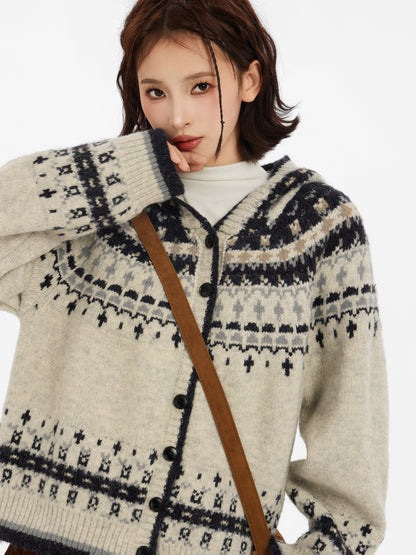 Fair Isle Pattern Hooded Knit Sweater Cardigan