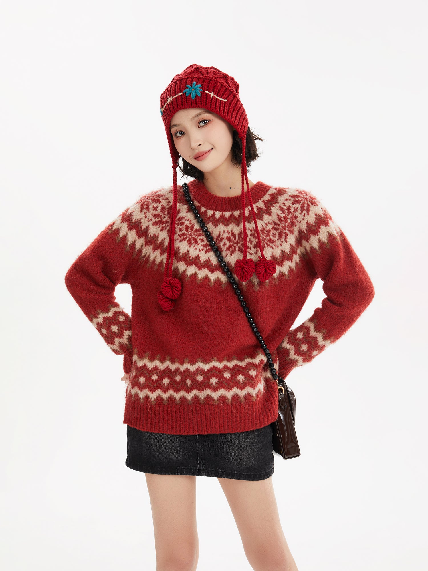 Red Fair Isle Floral Pattern Pullover