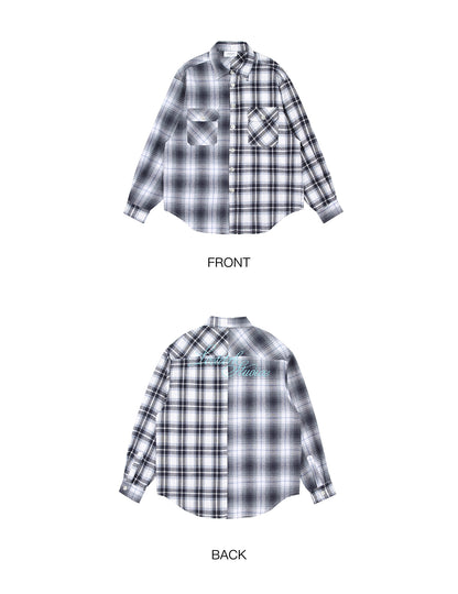 LOSTCTRL Embroidered Logo Plaid Patchwork Long Sleeve Shirt