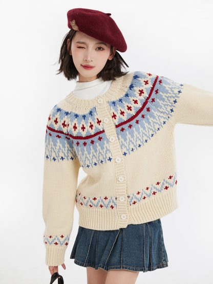 Fair Isle Button-Up Round Neck Knit Sweater