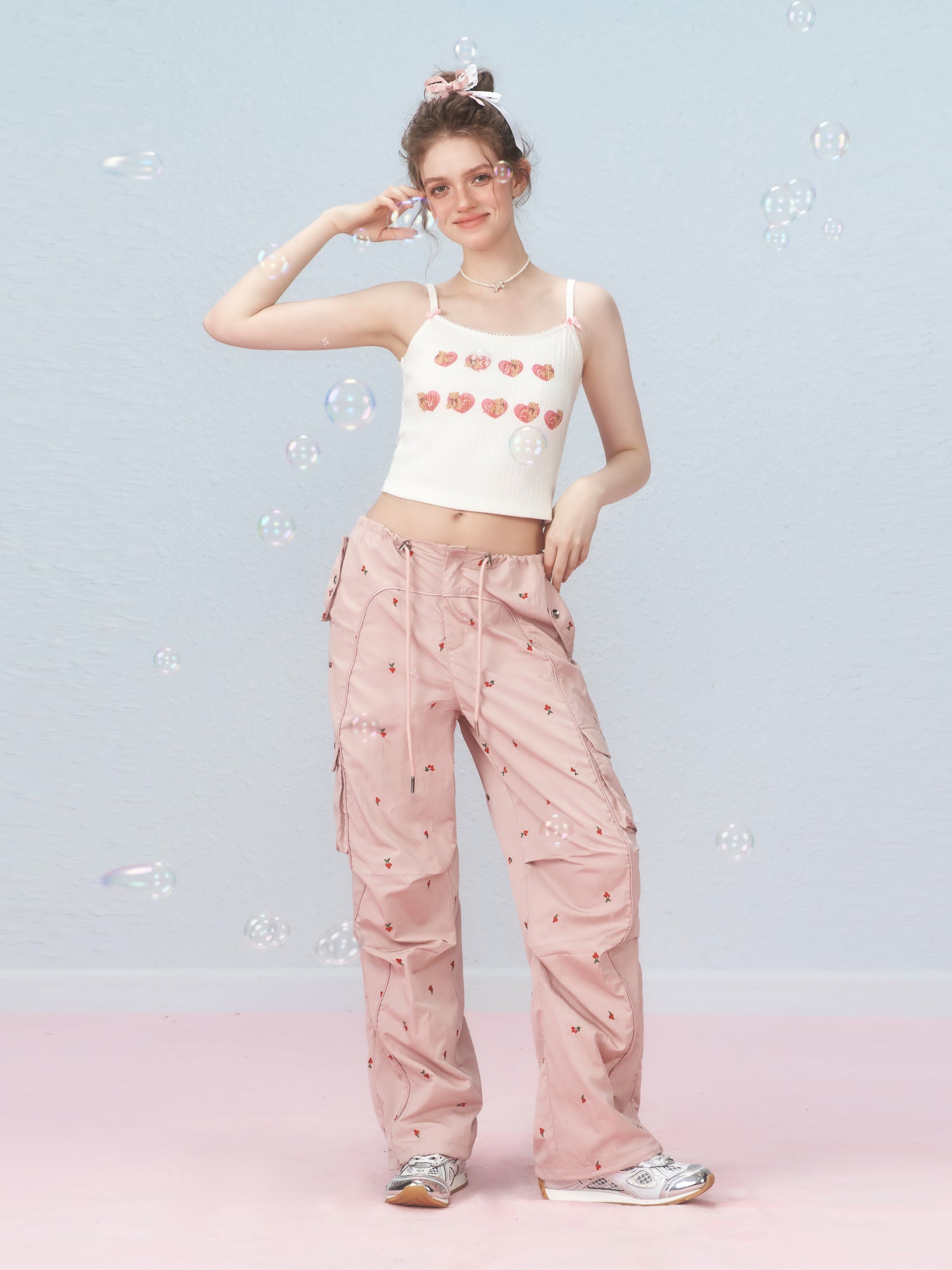 Cherry Embroidered Cargo Pants