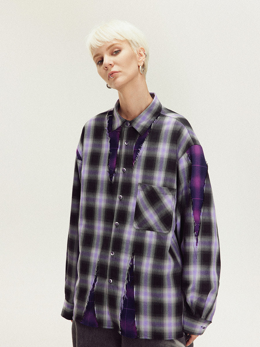 LOSTCTRL Distressed Plaid Long Sleeve Shirt