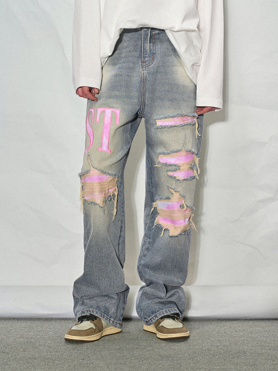 LOSTCTRL Pink Distressed Washed Denim