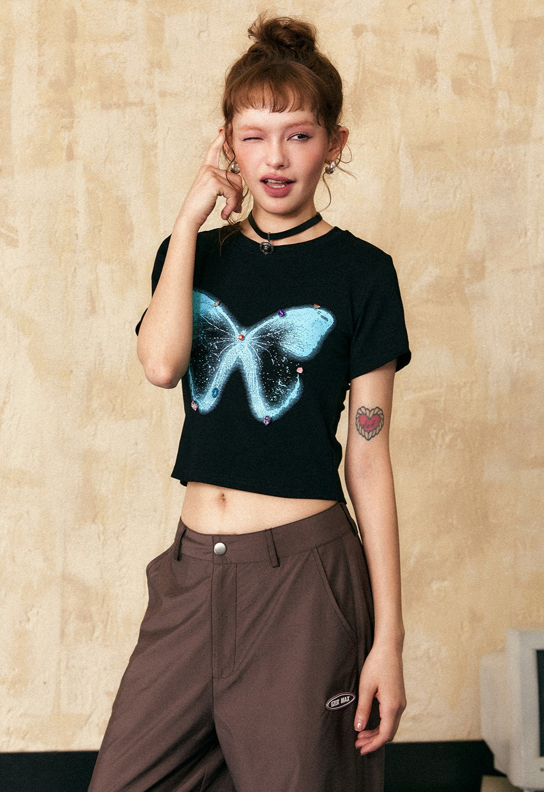 Rhinestone Butterfly Print Cropped Tee