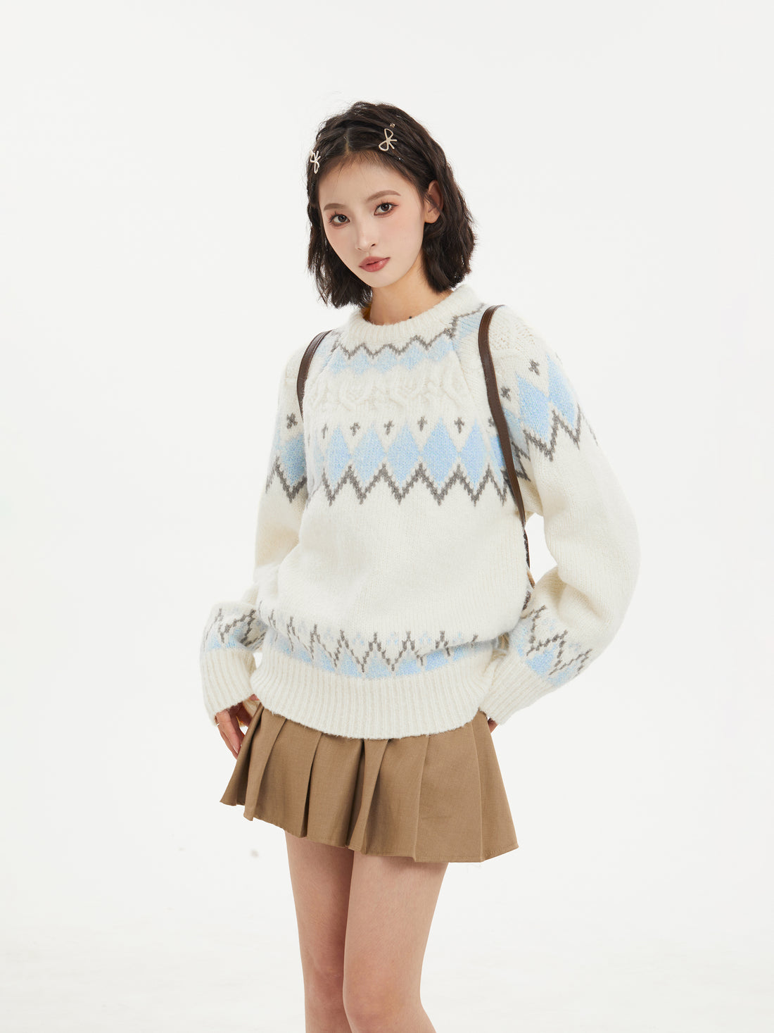 Fair Isle Jacquard White Crewneck Pullover