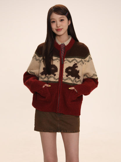 Rabbit Jacquard Zipper Knitted Cardigan