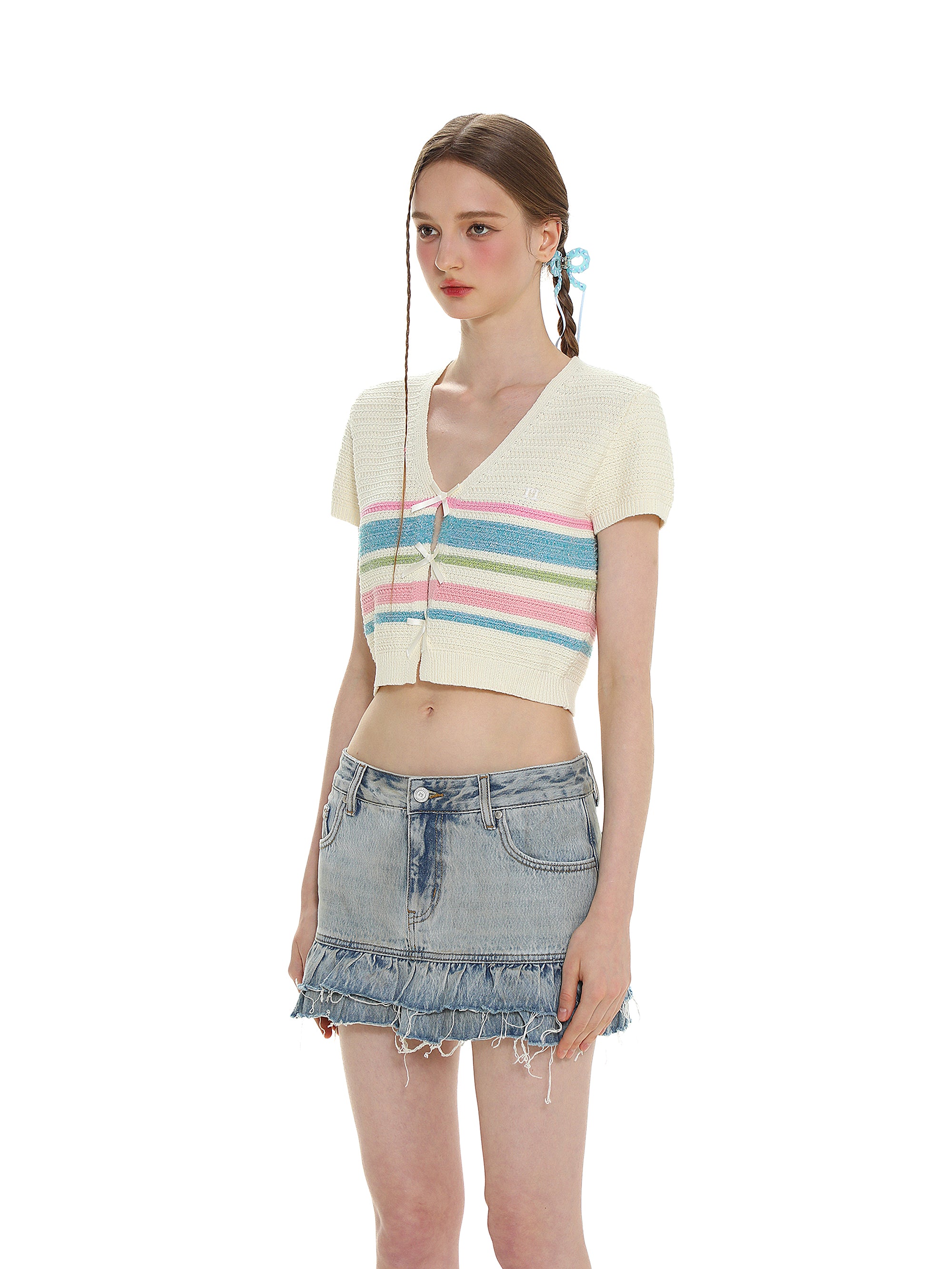 Colorful Striped Bow V-Neck Short Knit Top