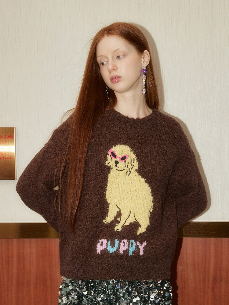 Puppy Embroidered Round Neck Knit Sweater