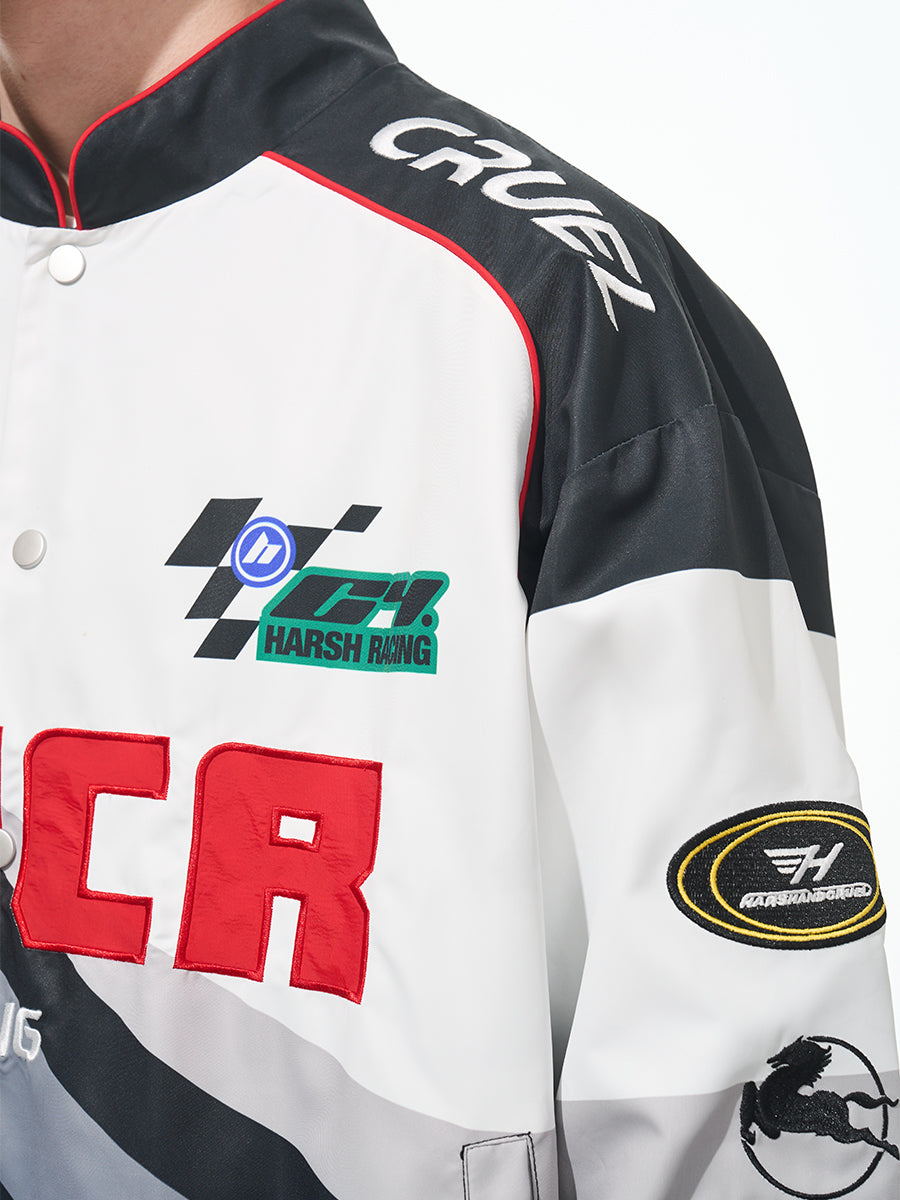 Letter Embroidered Color-Blocked Moto Racing Jacket