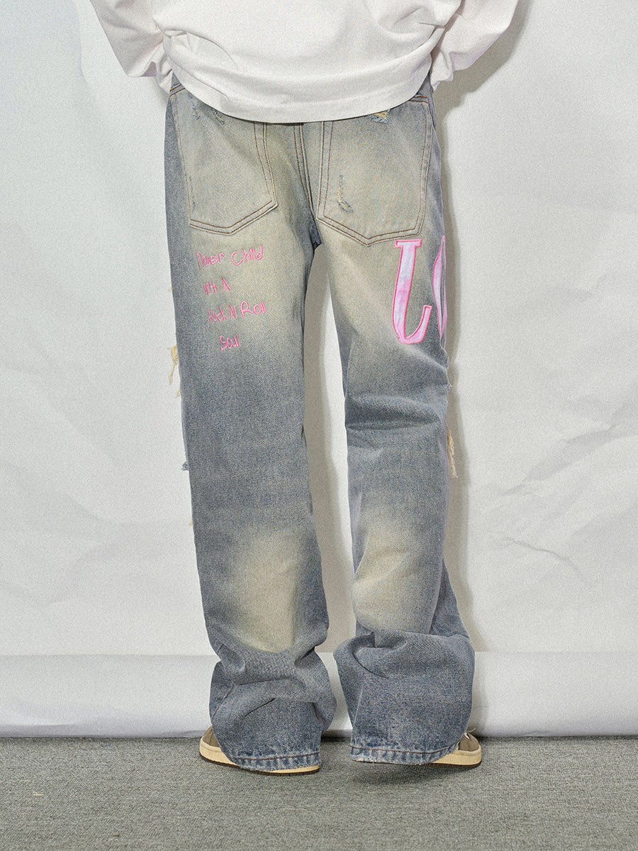 LOSTCTRL Pink Distressed Washed Denim