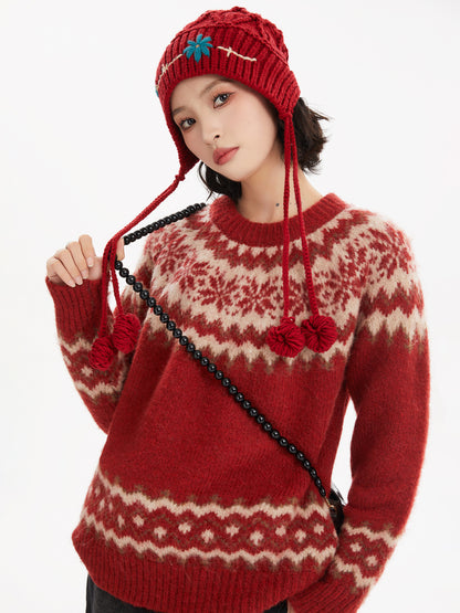 Red Fair Isle Floral Pattern Pullover