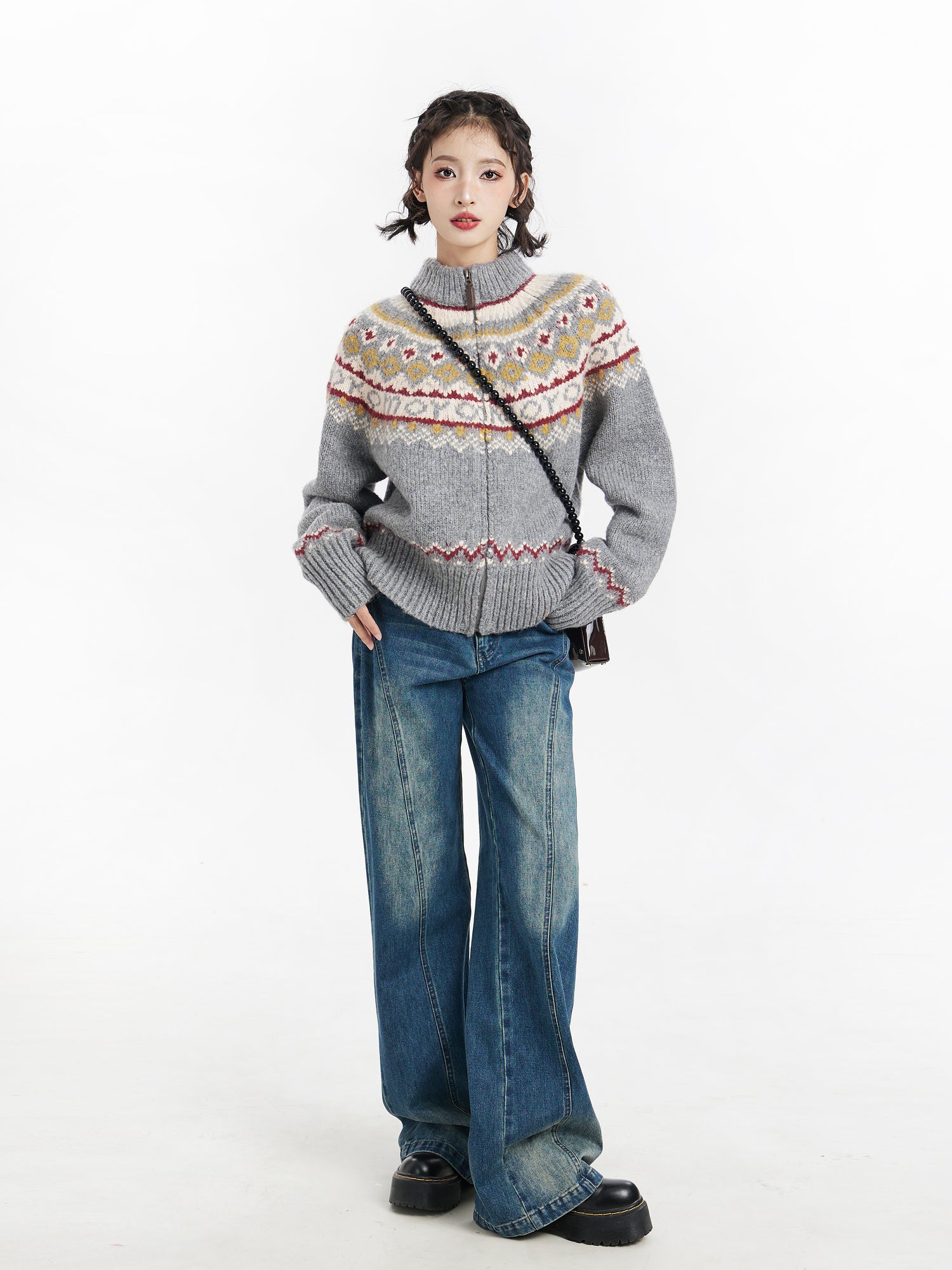 Gray Fair Isle Zip-Up Knit Sweater