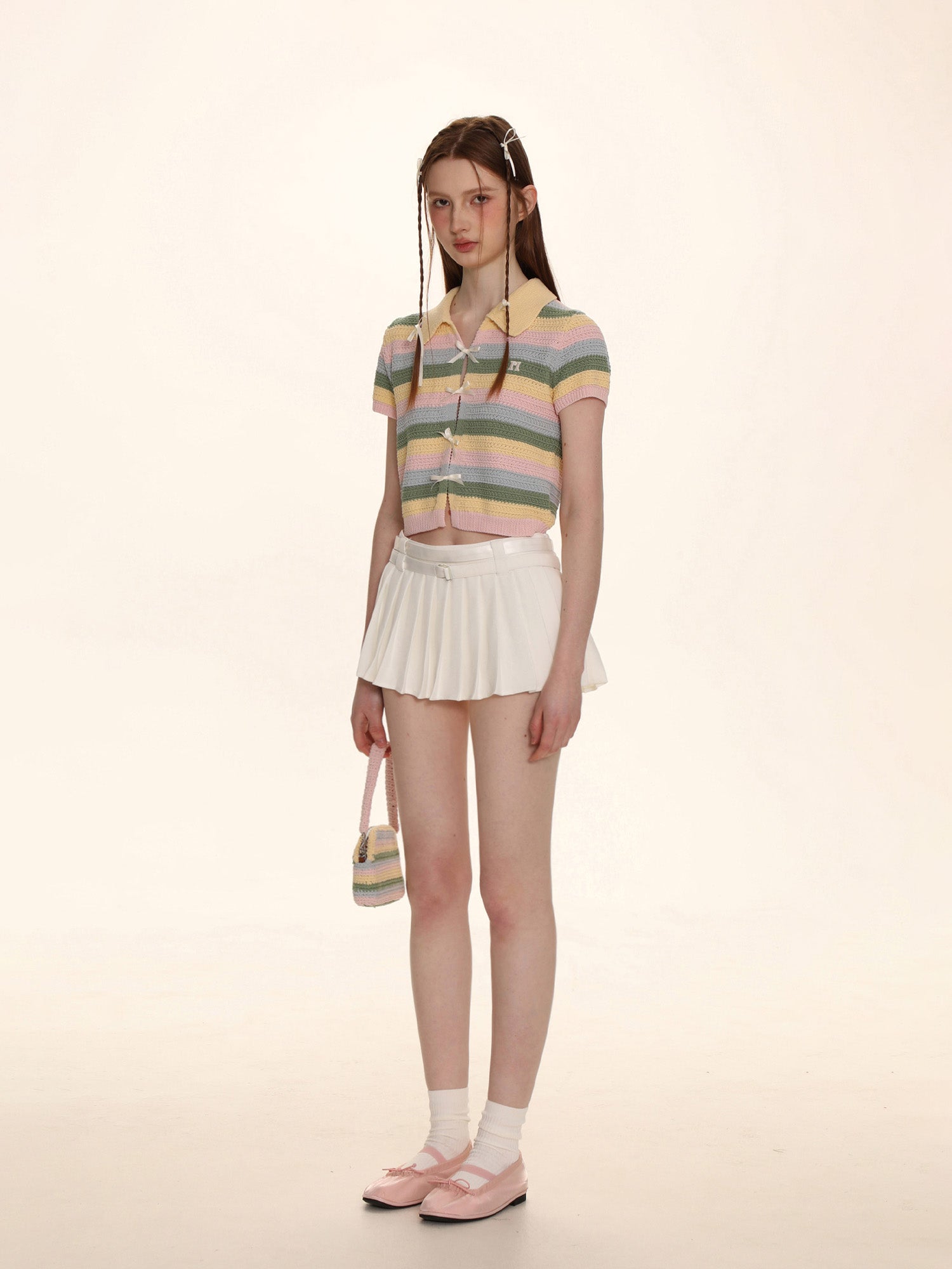 Striped Color Block Ribbon Bow Knit Polo Shirt