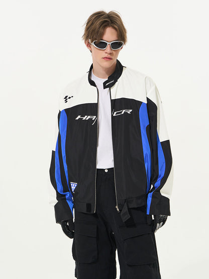 Embroidered Color-Blocked Stand Collar Racing Jacket