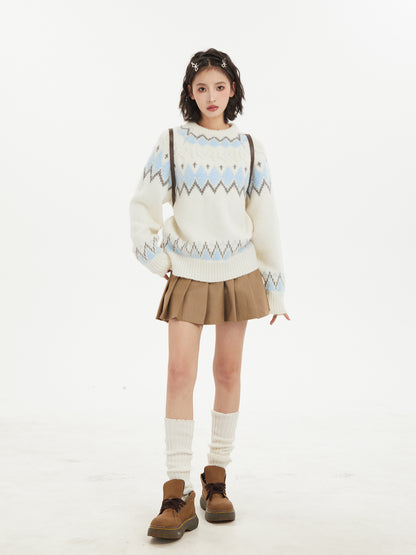 Fair Isle Jacquard White Crewneck Pullover