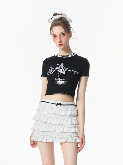 Ballet Dancer Print Lace Collar Tee