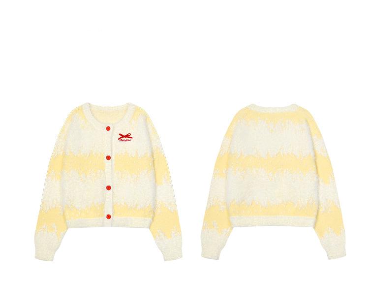 Butterfly Bow Ombre Stripe Fuzzy Knit Cardigan