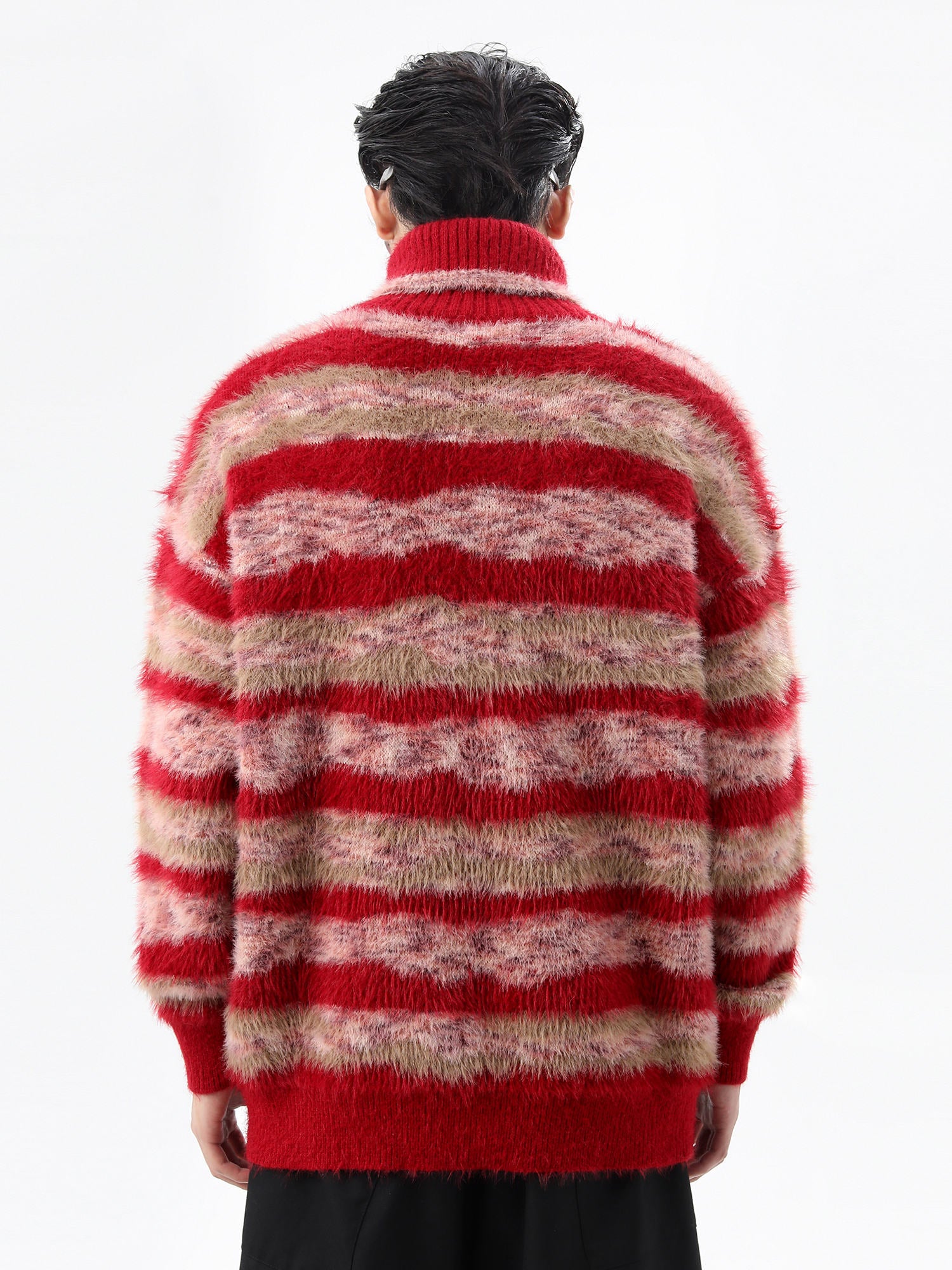 Faux Mink Loose Fit Striped Turtleneck Sweater