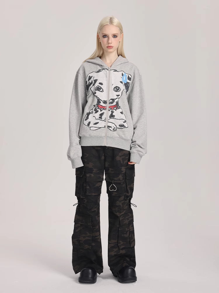 Hand-Drawn Spotted Dog Print Zip-Up Hoodie