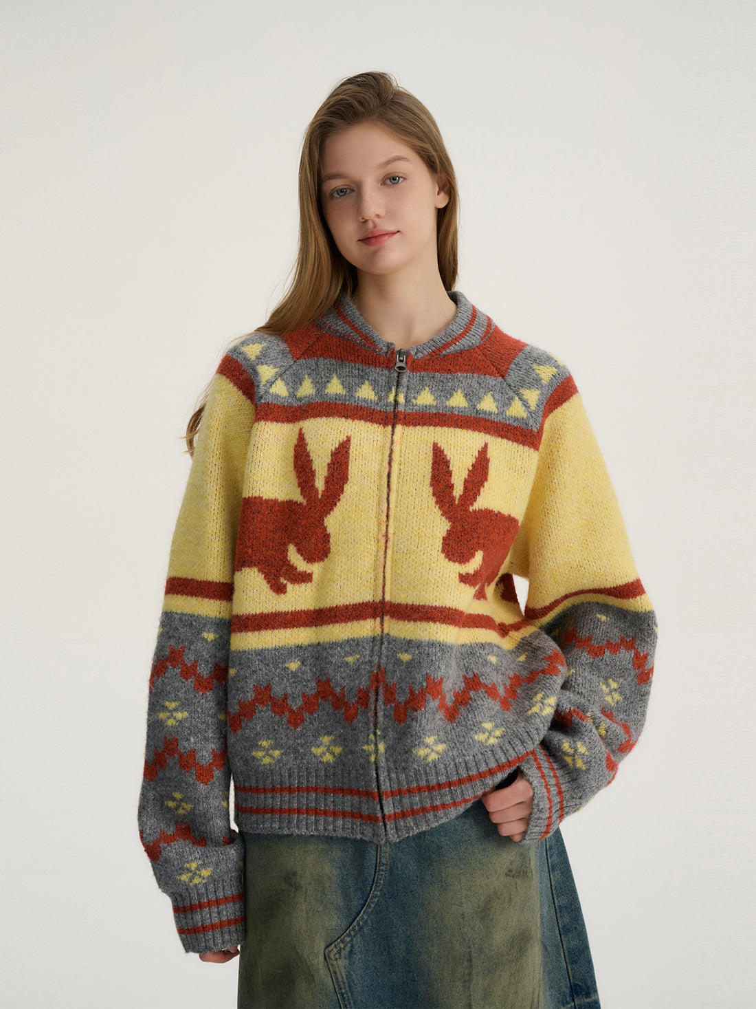 Bunny Jacquard Knit Cardigan Fair Isle Sweater