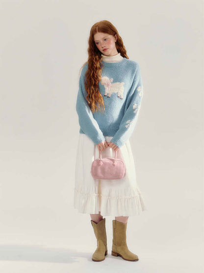 Retro Lamb Pattern Round Neck Knit Sweater